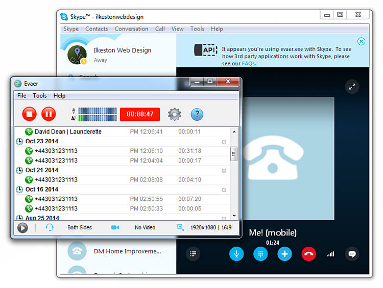 Evaer and Skype scrrenshot