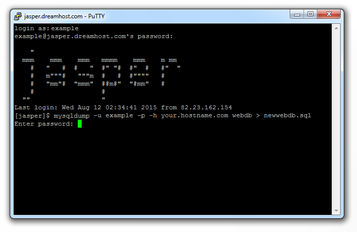 PuTTY mysqldump Command Password Promt