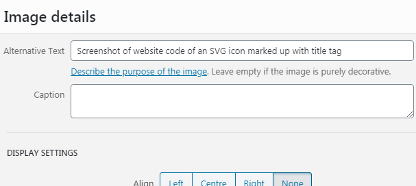 Example screenshot of how and where to enter alternative image text in WordPress