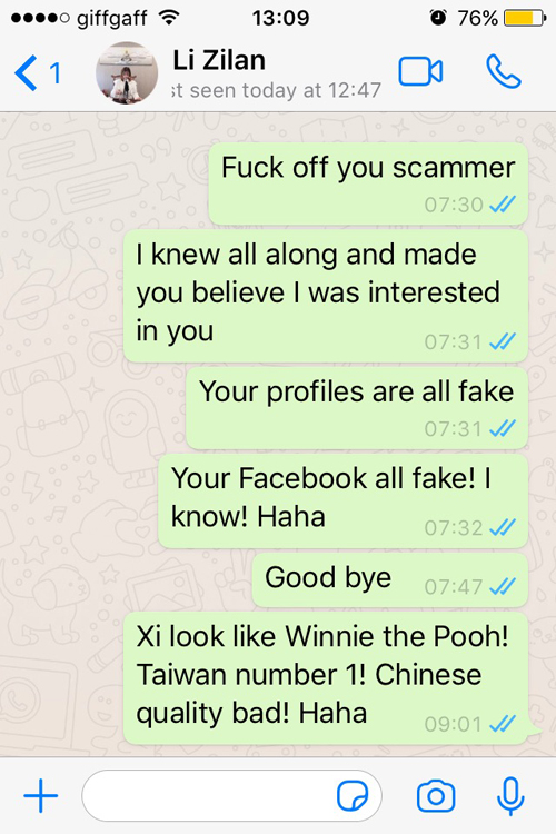 Tinder scammer WhatsApp conversation screenshot
