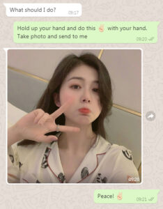 Screenshot of a WhatsApp text conversation with photo of girl making peace symbol