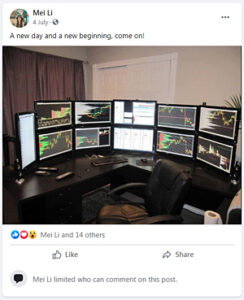 Screenshot of a Facebook photo showing a financial trading office