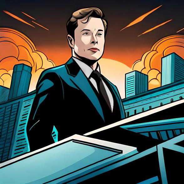 Comic book graphic of Elon Musk with explosions in the background
