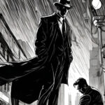 Graphic of a shadowy finger wearing coat and hat standing over a man on his knees
