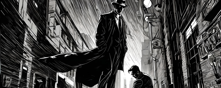 Graphic of a shadowy finger wearing coat and hat standing over a man on his knees