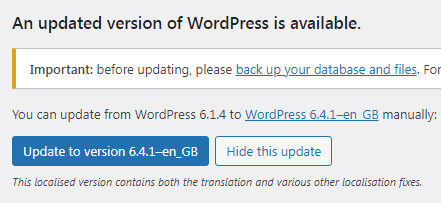 Screenshot of WordPress core software update button
