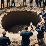 Image of business people gathered around a hole in the ground