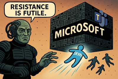 A cartoon showing Microsoft Teams as a Borg cube from Star Trek, sucking up Skype users