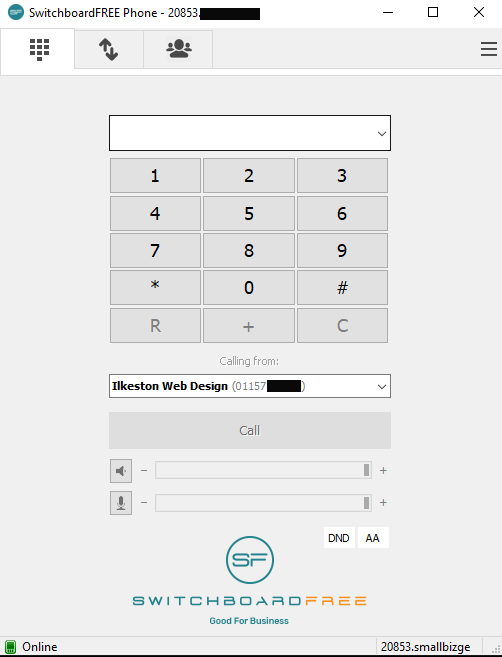 Screenshot of SwitchboardFREE softphone dialler