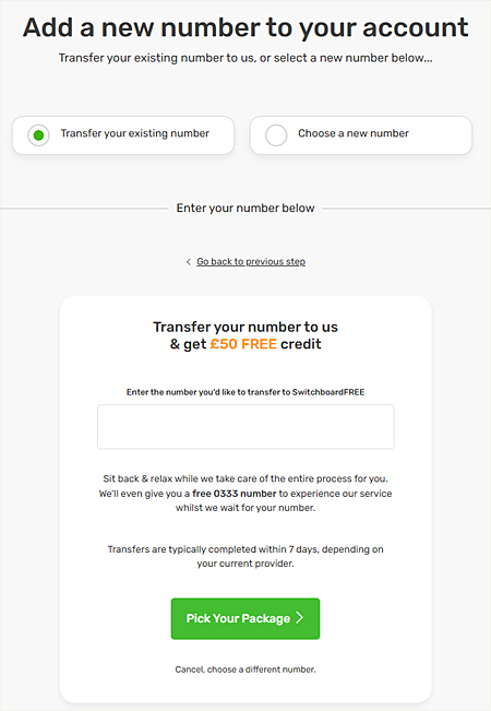 Screenshot of SwitchboardFREE transfer number option