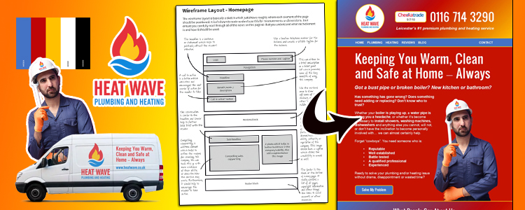 Diagram showing a website landing page wireframe transformed to a full mockup